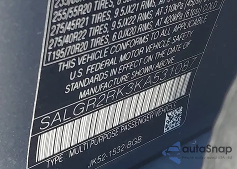 2019 Land Rover Range Rover 3.0L V6 Turbocharged Diesel Td6 z USA, uszkodzony, nr VIN SALGR2RK3KA531087